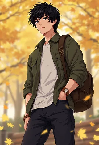 Create an anime-style image of Toru Watanabe from "Norwegian Wood." Capture his essential traits: a young man with tousled black hair, expressive dark eyes, and a slightly melancholic demeanor. He wears a casual, vintage-inspired outfit consisting of a fitted olive-green jacket over a simple white t-shirt, paired with dark jeans and worn brown boots. Accessories include a leather wristband and a small, weathered backpack slung over one shoulder.Depict him with a thoughtful expression, gazing off into the distance, one hand tucked into his pocket while the other lightly holds a paperback book. Set the scene in a serene, autumn park with golden leaves falling around him, evoking a sense of nostalgia. Use a soft, pastel color palette and fluid lines typical of shoujo anime, with a focus on emotional depth and character detail. Incorporate subtle elements like a faint glow around him to suggest introspection, reflecting his inner journey.