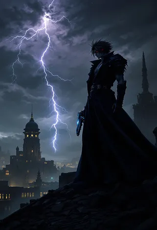 Create a dramatic scene set in a dystopian cityscape inspired by Final Fantasy VII, showcasing the brooding figure of Vincent Valentine. He stands atop a crumbling rooftop, silhouetted against a dark, stormy sky filled with swirling clouds and flashes of lightning. Vincent, with his long, flowing black cloak and crimson eyes, exudes an aura of mystery and melancholy. His signature weapon, the Cerberus handgun, gleams ominously in his hand, while the iconic Bugenhagen’s observatory looms in the background, surrounded by ancient ruins. The environment is a mix of high-tech and decay, with neon lights flickering amidst the shadows of dilapidated buildings. The overall mood is intense and foreboding, capturing the essence of a world filled with conflict, secrets, and the struggle between light and darkness.