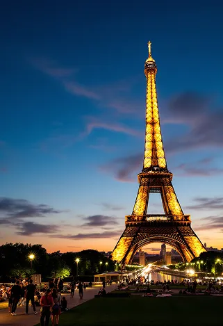 A stunning view of the Eiffel Tower at dusk, its wrought-iron lattice structure illuminated by soft golden lights, casting intricate shadows on the ground. The iconic silhouette rises against a deepening blue sky, with wisps of clouds reflecting hues of pink and orange. Surrounding the tower, the lush green lawns of Champ de Mars are dotted with picnickers and tourists, their silhouettes adding life to the scene. Nearby, the Seine River glimmers with reflections of the tower and the twinkling city lights. The intricate details of the ironwork are highlighted, showcasing the tower's elegant curves and geometric patterns. Capture this moment in a romantic, soft-focus style, evoking a sense of nostalgia and wonder, emphasizing the Eiffel Tower's timeless allure as a symbol of Parisian culture and history.