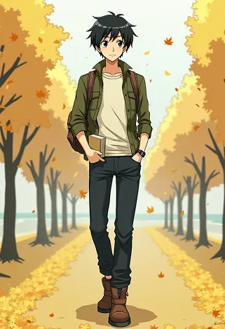 Create an anime-style image of Toru Watanabe from "Norwegian Wood." Capture his essential traits: a young man with tousled black hair, expressive dark eyes, and a slightly melancholic demeanor. He wears a casual, vintage-inspired outfit consisting of a fitted olive-green jacket over a simple white t-shirt, paired with dark jeans and worn brown boots. Accessories include a leather wristband and a small, weathered backpack slung over one shoulder.Depict him with a thoughtful expression, gazing off into the distance, one hand tucked into his pocket while the other lightly holds a paperback book. Set the scene in a serene, autumn park with golden leaves falling around him, evoking a sense of nostalgia. Use a soft, pastel color palette and fluid lines typical of shoujo anime, with a focus on emotional depth and character detail. Incorporate subtle elements like a faint glow around him to suggest introspection, reflecting his inner journey.