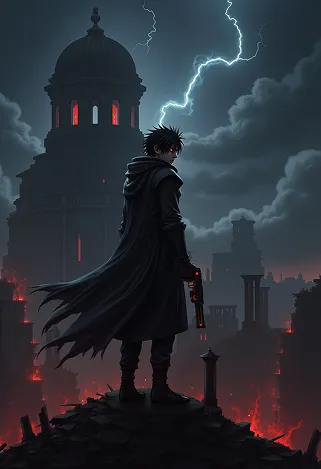 Create a dramatic scene set in a dystopian cityscape inspired by Final Fantasy VII, showcasing the brooding figure of Vincent Valentine. He stands atop a crumbling rooftop, silhouetted against a dark, stormy sky filled with swirling clouds and flashes of lightning. Vincent, with his long, flowing black cloak and crimson eyes, exudes an aura of mystery and melancholy. His signature weapon, the Cerberus handgun, gleams ominously in his hand, while the iconic Bugenhagen’s observatory looms in the background, surrounded by ancient ruins. The environment is a mix of high-tech and decay, with neon lights flickering amidst the shadows of dilapidated buildings. The overall mood is intense and foreboding, capturing the essence of a world filled with conflict, secrets, and the struggle between light and darkness.