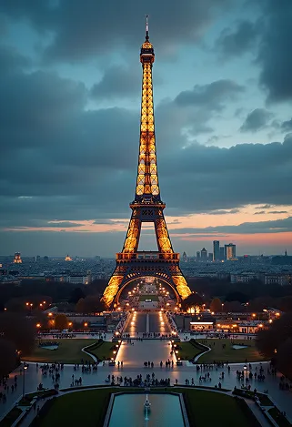 A stunning view of the Eiffel Tower at dusk, its wrought-iron lattice structure illuminated by soft golden lights, casting intricate shadows on the ground. The iconic silhouette rises against a deepening blue sky, with wisps of clouds reflecting hues of pink and orange. Surrounding the tower, the lush green lawns of Champ de Mars are dotted with picnickers and tourists, their silhouettes adding life to the scene. Nearby, the Seine River glimmers with reflections of the tower and the twinkling city lights. The intricate details of the ironwork are highlighted, showcasing the tower's elegant curves and geometric patterns. Capture this moment in a romantic, soft-focus style, evoking a sense of nostalgia and wonder, emphasizing the Eiffel Tower's timeless allure as a symbol of Parisian culture and history.