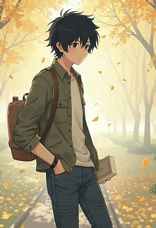 Create an anime-style image of Toru Watanabe from "Norwegian Wood." Capture his essential traits: a young man with tousled black hair, expressive dark eyes, and a slightly melancholic demeanor. He wears a casual, vintage-inspired outfit consisting of a fitted olive-green jacket over a simple white t-shirt, paired with dark jeans and worn brown boots. Accessories include a leather wristband and a small, weathered backpack slung over one shoulder.Depict him with a thoughtful expression, gazing off into the distance, one hand tucked into his pocket while the other lightly holds a paperback book. Set the scene in a serene, autumn park with golden leaves falling around him, evoking a sense of nostalgia. Use a soft, pastel color palette and fluid lines typical of shoujo anime, with a focus on emotional depth and character detail. Incorporate subtle elements like a faint glow around him to suggest introspection, reflecting his inner journey.