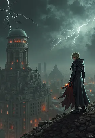 Create a dramatic scene set in a dystopian cityscape inspired by Final Fantasy VII, showcasing the brooding figure of Vincent Valentine. He stands atop a crumbling rooftop, silhouetted against a dark, stormy sky filled with swirling clouds and flashes of lightning. Vincent, with his long, flowing black cloak and crimson eyes, exudes an aura of mystery and melancholy. His signature weapon, the Cerberus handgun, gleams ominously in his hand, while the iconic Bugenhagen’s observatory looms in the background, surrounded by ancient ruins. The environment is a mix of high-tech and decay, with neon lights flickering amidst the shadows of dilapidated buildings. The overall mood is intense and foreboding, capturing the essence of a world filled with conflict, secrets, and the struggle between light and darkness.