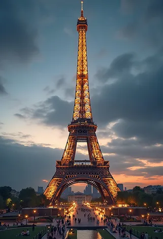 A stunning view of the Eiffel Tower at dusk, its wrought-iron lattice structure illuminated by soft golden lights, casting intricate shadows on the ground. The iconic silhouette rises against a deepening blue sky, with wisps of clouds reflecting hues of pink and orange. Surrounding the tower, the lush green lawns of Champ de Mars are dotted with picnickers and tourists, their silhouettes adding life to the scene. Nearby, the Seine River glimmers with reflections of the tower and the twinkling city lights. The intricate details of the ironwork are highlighted, showcasing the tower's elegant curves and geometric patterns. Capture this moment in a romantic, soft-focus style, evoking a sense of nostalgia and wonder, emphasizing the Eiffel Tower's timeless allure as a symbol of Parisian culture and history.