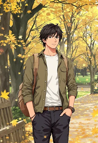 Create an anime-style image of Toru Watanabe from "Norwegian Wood." Capture his essential traits: a young man with tousled black hair, expressive dark eyes, and a slightly melancholic demeanor. He wears a casual, vintage-inspired outfit consisting of a fitted olive-green jacket over a simple white t-shirt, paired with dark jeans and worn brown boots. Accessories include a leather wristband and a small, weathered backpack slung over one shoulder.Depict him with a thoughtful expression, gazing off into the distance, one hand tucked into his pocket while the other lightly holds a paperback book. Set the scene in a serene, autumn park with golden leaves falling around him, evoking a sense of nostalgia. Use a soft, pastel color palette and fluid lines typical of shoujo anime, with a focus on emotional depth and character detail. Incorporate subtle elements like a faint glow around him to suggest introspection, reflecting his inner journey.