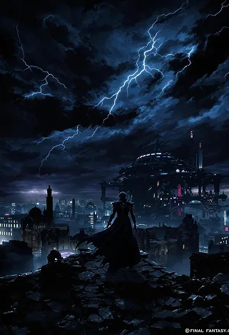 Create a dramatic scene set in a dystopian cityscape inspired by Final Fantasy VII, showcasing the brooding figure of Vincent Valentine. He stands atop a crumbling rooftop, silhouetted against a dark, stormy sky filled with swirling clouds and flashes of lightning. Vincent, with his long, flowing black cloak and crimson eyes, exudes an aura of mystery and melancholy. His signature weapon, the Cerberus handgun, gleams ominously in his hand, while the iconic Bugenhagen’s observatory looms in the background, surrounded by ancient ruins. The environment is a mix of high-tech and decay, with neon lights flickering amidst the shadows of dilapidated buildings. The overall mood is intense and foreboding, capturing the essence of a world filled with conflict, secrets, and the struggle between light and darkness.