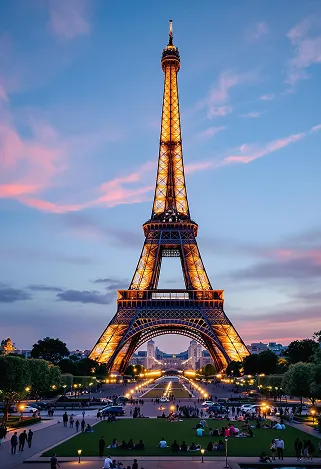 A stunning view of the Eiffel Tower at dusk, its wrought-iron lattice structure illuminated by soft golden lights, casting intricate shadows on the ground. The iconic silhouette rises against a deepening blue sky, with wisps of clouds reflecting hues of pink and orange. Surrounding the tower, the lush green lawns of Champ de Mars are dotted with picnickers and tourists, their silhouettes adding life to the scene. Nearby, the Seine River glimmers with reflections of the tower and the twinkling city lights. The intricate details of the ironwork are highlighted, showcasing the tower's elegant curves and geometric patterns. Capture this moment in a romantic, soft-focus style, evoking a sense of nostalgia and wonder, emphasizing the Eiffel Tower's timeless allure as a symbol of Parisian culture and history.