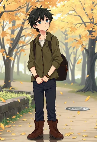 Create an anime-style image of Toru Watanabe from "Norwegian Wood." Capture his essential traits: a young man with tousled black hair, expressive dark eyes, and a slightly melancholic demeanor. He wears a casual, vintage-inspired outfit consisting of a fitted olive-green jacket over a simple white t-shirt, paired with dark jeans and worn brown boots. Accessories include a leather wristband and a small, weathered backpack slung over one shoulder.Depict him with a thoughtful expression, gazing off into the distance, one hand tucked into his pocket while the other lightly holds a paperback book. Set the scene in a serene, autumn park with golden leaves falling around him, evoking a sense of nostalgia. Use a soft, pastel color palette and fluid lines typical of shoujo anime, with a focus on emotional depth and character detail. Incorporate subtle elements like a faint glow around him to suggest introspection, reflecting his inner journey.