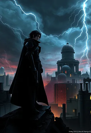 Create a dramatic scene set in a dystopian cityscape inspired by Final Fantasy VII, showcasing the brooding figure of Vincent Valentine. He stands atop a crumbling rooftop, silhouetted against a dark, stormy sky filled with swirling clouds and flashes of lightning. Vincent, with his long, flowing black cloak and crimson eyes, exudes an aura of mystery and melancholy. His signature weapon, the Cerberus handgun, gleams ominously in his hand, while the iconic Bugenhagen’s observatory looms in the background, surrounded by ancient ruins. The environment is a mix of high-tech and decay, with neon lights flickering amidst the shadows of dilapidated buildings. The overall mood is intense and foreboding, capturing the essence of a world filled with conflict, secrets, and the struggle between light and darkness.